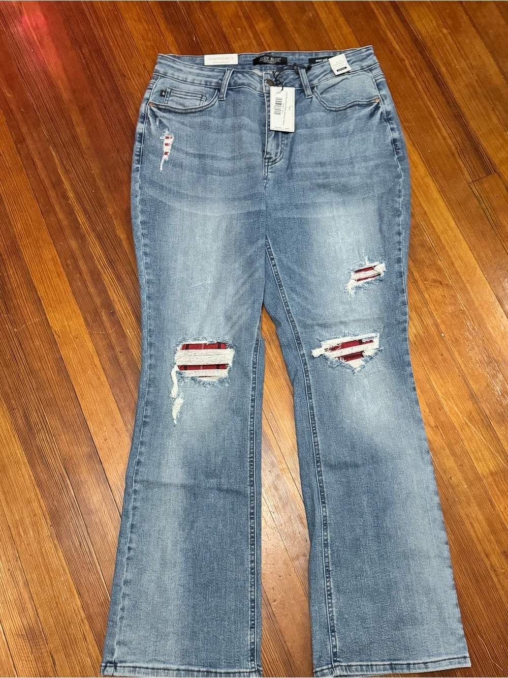Judy Blue Light Blue Distressed Flare Jeans with Red Underlay